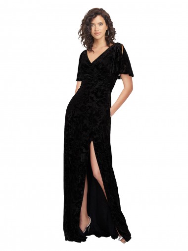 Shop Split Sleeves V-Neck Floral Velvet Bridesmaid Dress with Front Slit
