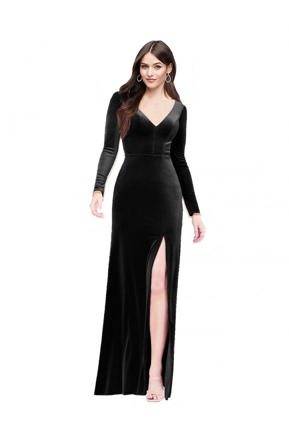 Long Sleeves Velvet Bridesmaid Dress with V-Neckline and Thigh Slit