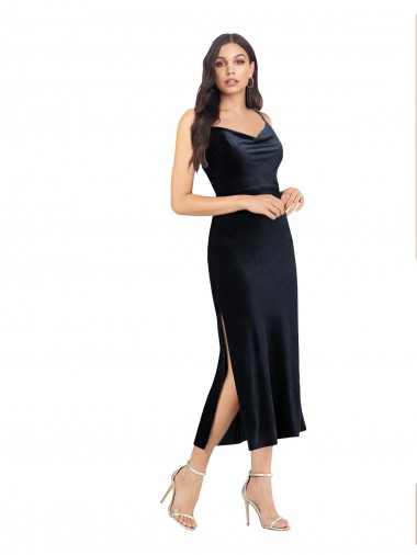 Shop Midi Length Velvet Bridesmaid Dress with Cowl Neck and Spaghetti Straps