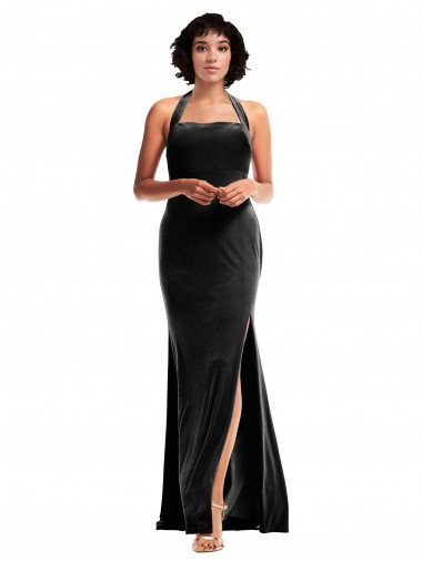 Shop Stretch Velvet Empire Bridesmaid Dress with Halter Strap