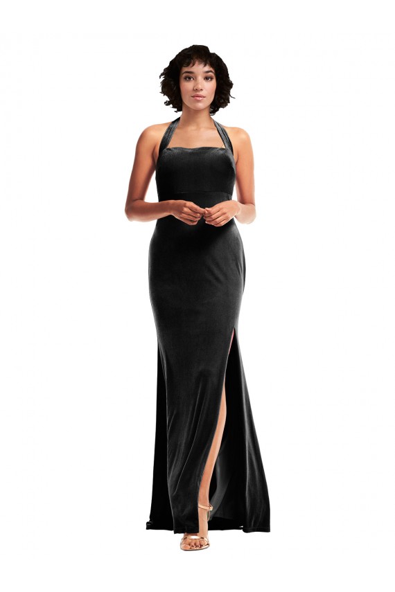 Stretch Velvet Empire Bridesmaid Dress with Halter Strap