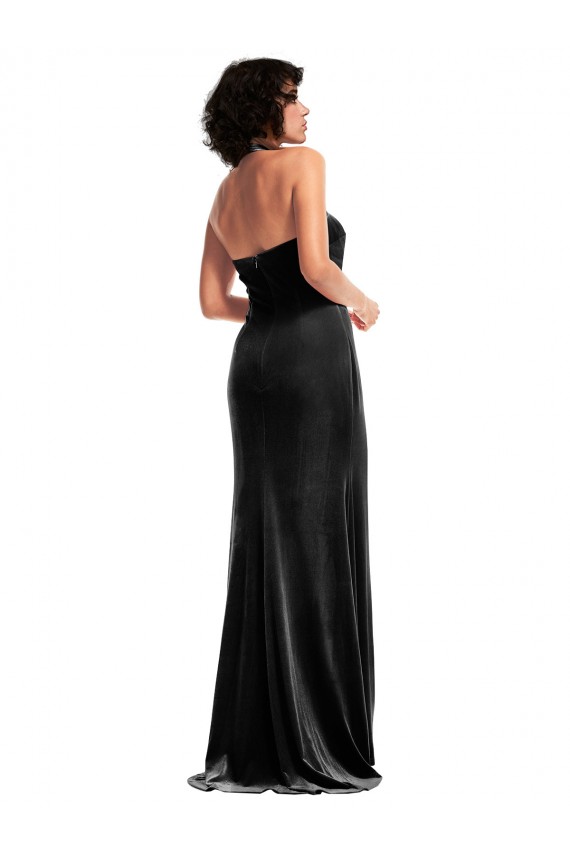 Stretch Velvet Empire Bridesmaid Dress with Halter Strap