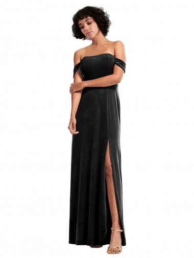 Shop Stretch Velvet Bridesmaid Dress with Off the Shoulder Drapped Sleeves