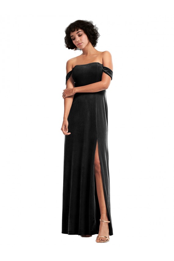 Stretch Velvet Bridesmaid Dress with Off the Shoulder Drapped Sleeves