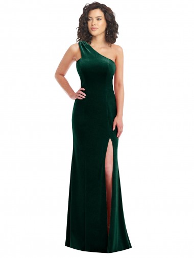 Shop One Shoulder Velvet Trumpet Bridesmaid Dress with Front Slit