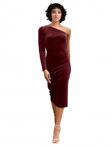 Shop One Shoulder Fitted Short Midi Length Velvet Bridesmaid Dress