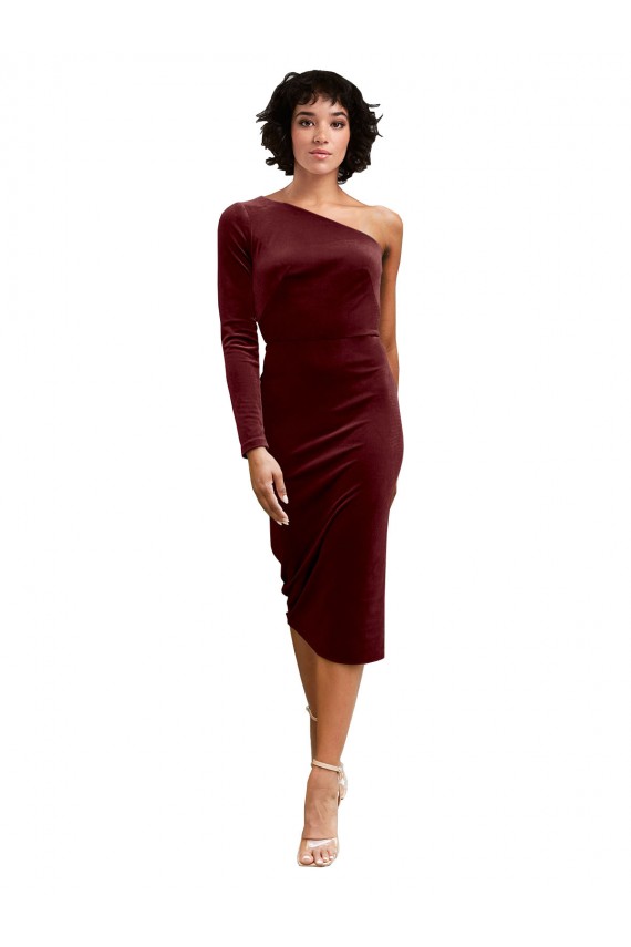 One Shoulder Fitted Short Midi Length Velvet Bridesmaid Dress
