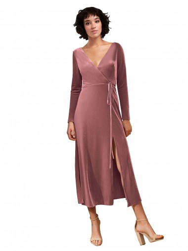 Shop Long Sleeve Velvet Faux Wrap Midi Length Bridesmaid Dress