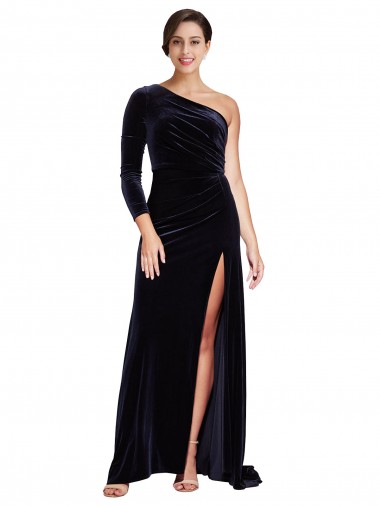 Shop One Sleeve Long Velvet Bridesmaid Dress with Thigh High Split