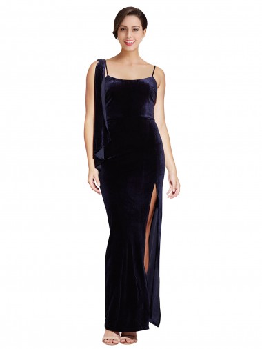 Shop Long Velvet Bridesmaid Dress with Side Thigh Split and Shoulder Tie