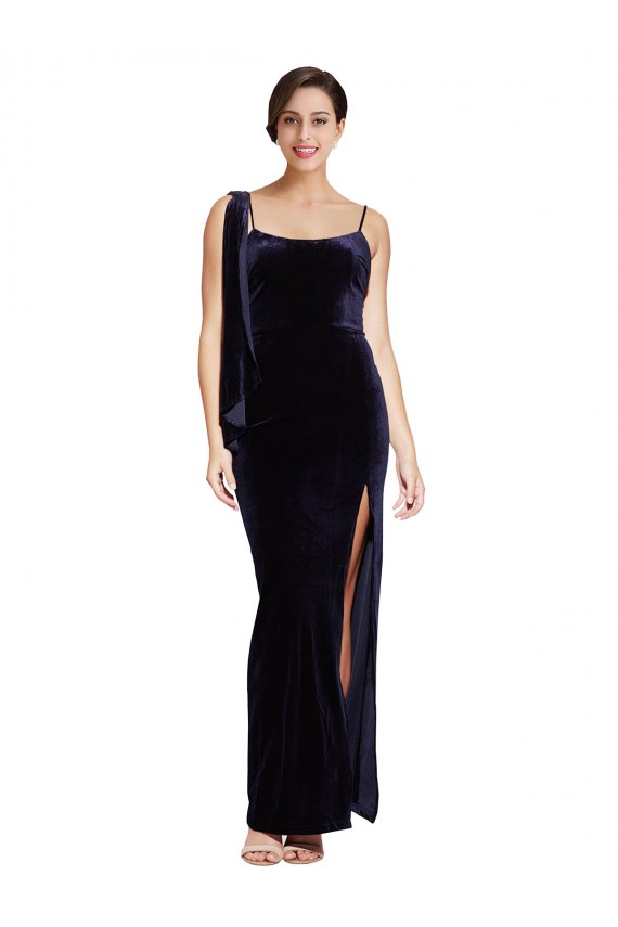 Long Velvet Bridesmaid Dress with Side Thigh Split and Shoulder Tie