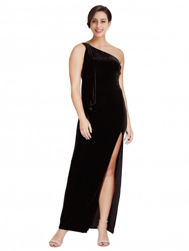Shop One Shoulder Long Velvet Bridesmaid Dress with Side Split and Shoulder Tie