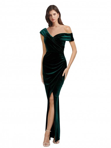 Shop Long Asymmetric Neckline Ruched Velvet Bridesmaid Dress
