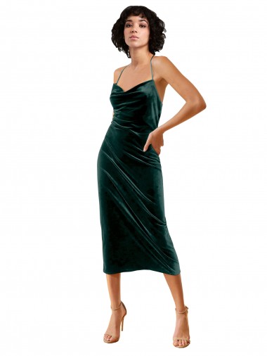 Shop Midi Length Sleek Cowl Neckline Short Velvet Bridesmaid Dress
